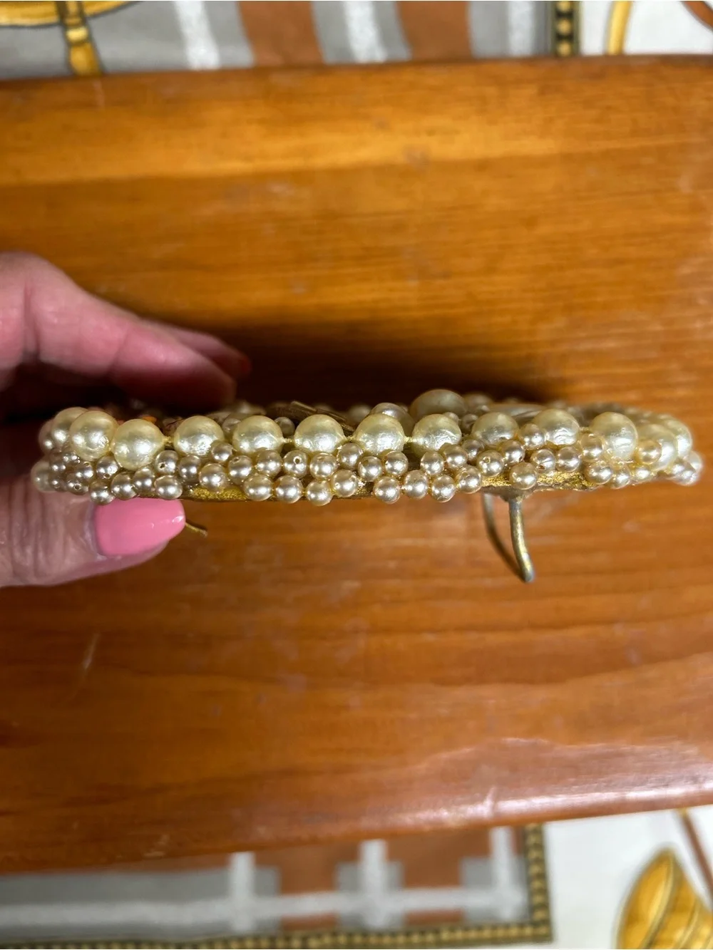 Vintage Custom Made Art Inspired Pearl Beaded Embellished - Gold & Cream Buckle